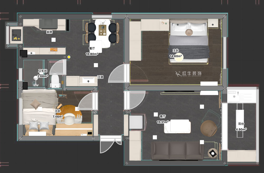 朱明琪｜旭光里53-301-70㎡-現(xiàn)代簡約風格｜2室2廳1衛(wèi)｜老房裝修｜定制家｜全包12萬｜00_03平面彩圖