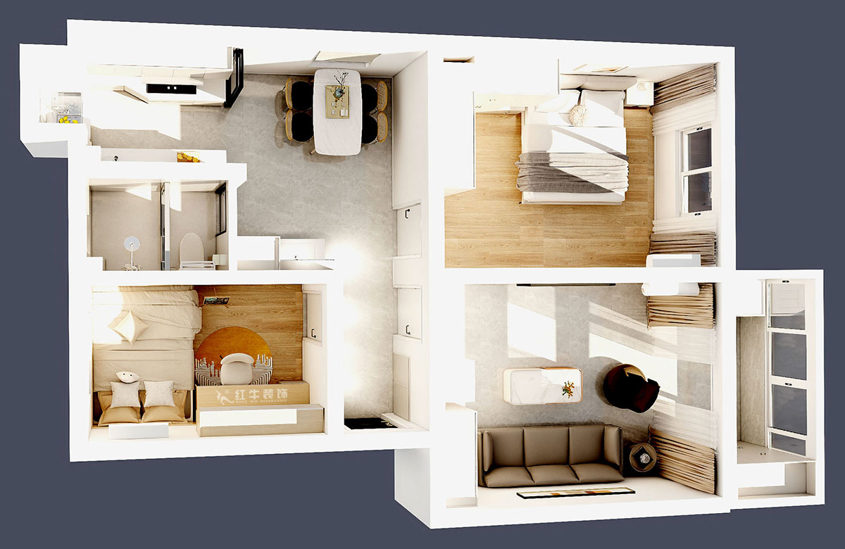 朱明琪｜旭光里53-301-70㎡-現(xiàn)代簡約風格｜2室2廳1衛(wèi)｜老房裝修｜定制家｜全包12萬｜00_04鳥瞰圖