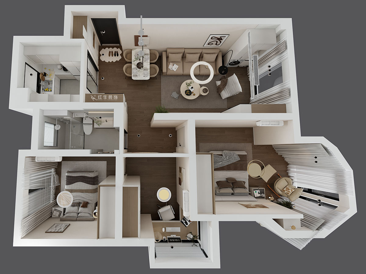蔣?。心鲜兰o雅苑二期4-504-93㎡-現代簡約風格｜3室1廳1衛(wèi)｜毛坯房裝修｜定制家｜全包12萬｜00_04鳥瞰圖