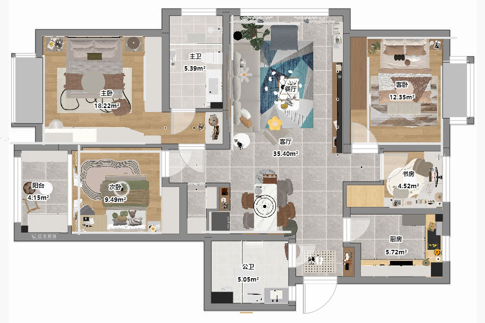 朱明琪｜星葉瑜憬灣2-2-1006-127㎡-北歐風(fēng)格｜3室2廳2衛(wèi)｜新房裝修｜定制家｜全包16萬(wàn)｜00_03平面彩圖