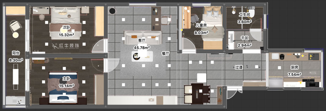 劉小勇｜桃葉渡13-402-125㎡-現(xiàn)代簡約風(fēng)格｜3室2廳2衛(wèi)｜老房裝修｜定制家｜全包15萬｜00_03平面彩圖