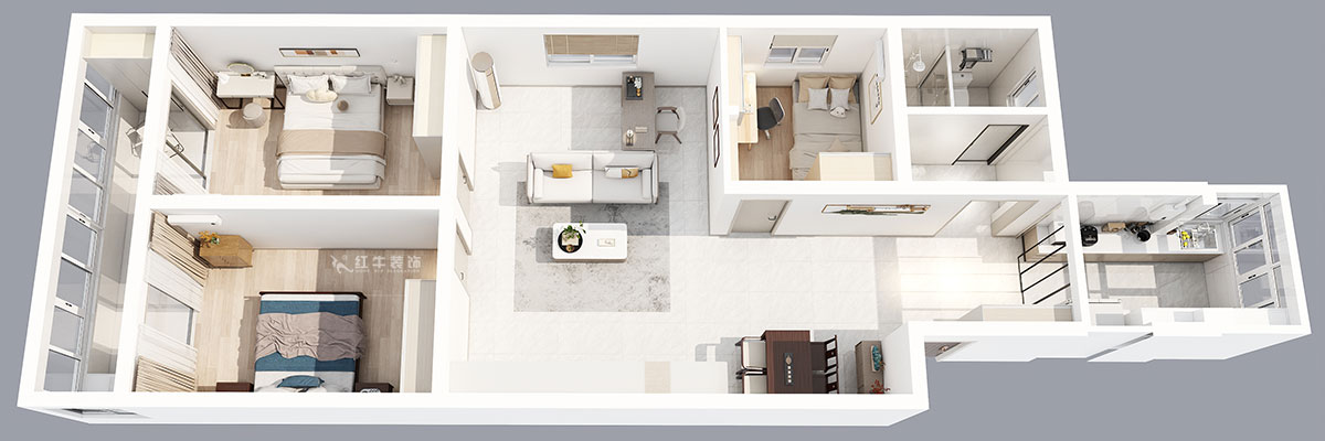 劉小勇｜桃葉渡13-402-125㎡-現(xiàn)代簡約風(fēng)格｜3室2廳2衛(wèi)｜老房裝修｜定制家｜全包15萬｜00_04鳥瞰圖