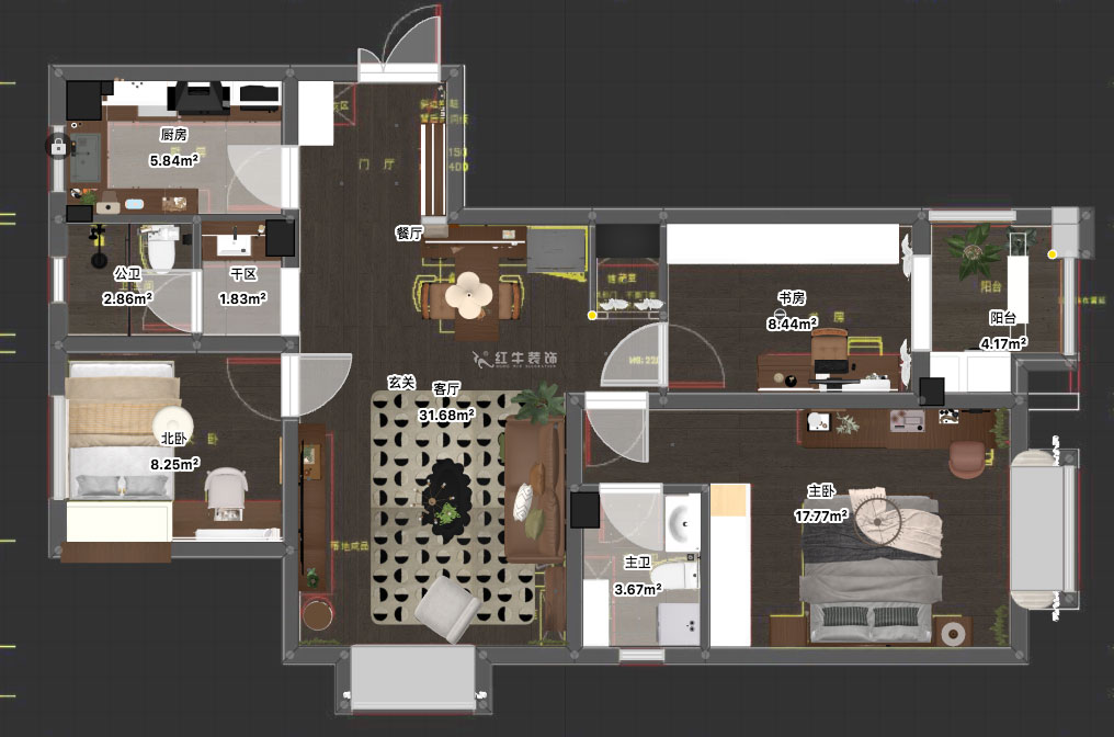 蔣?。鹩驀H10-2004-105㎡-現(xiàn)代簡(jiǎn)約風(fēng)格｜3室1廳1衛(wèi)｜毛坯裝修｜定制家｜全包12萬｜00_03平面彩圖