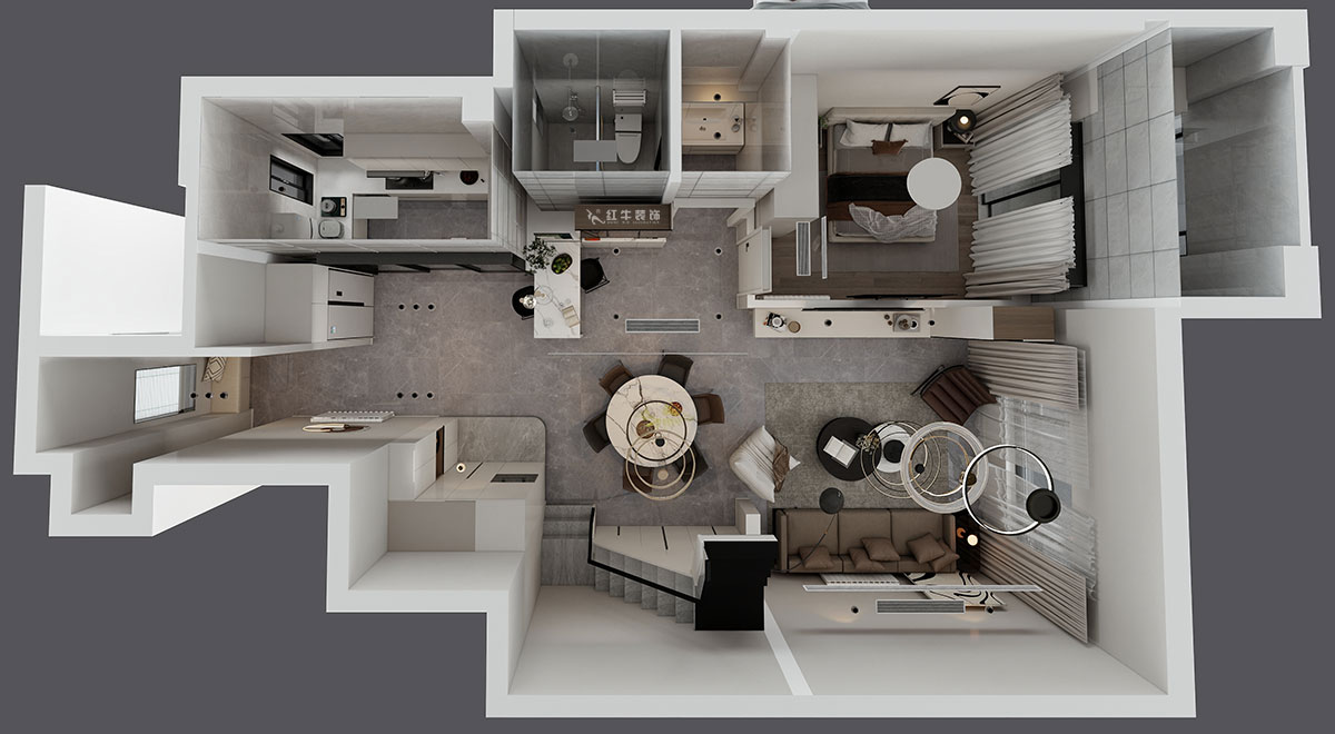 蔣?。┥紧斈芷咛?hào)院6-205-280㎡-現(xiàn)代簡(jiǎn)約風(fēng)格｜復(fù)式｜4室2廳3衛(wèi)｜毛坯裝修｜定制家｜全包40萬(wàn)｜00_07一層鳥瞰圖