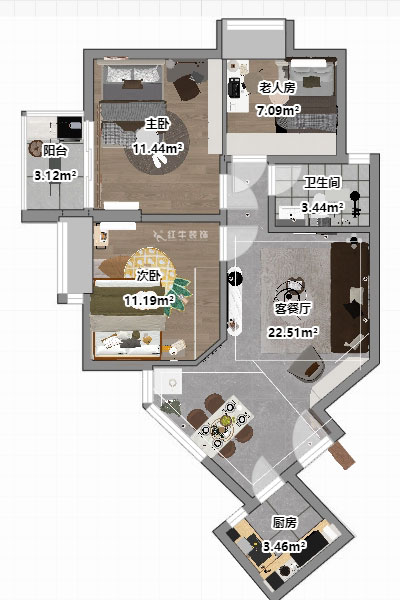 吳波｜盈家春天10-1203-80㎡-現(xiàn)代簡約風(fēng)格｜3室2廳1衛(wèi)｜舊房裝修｜改造家｜全包11萬｜00_04平面圖