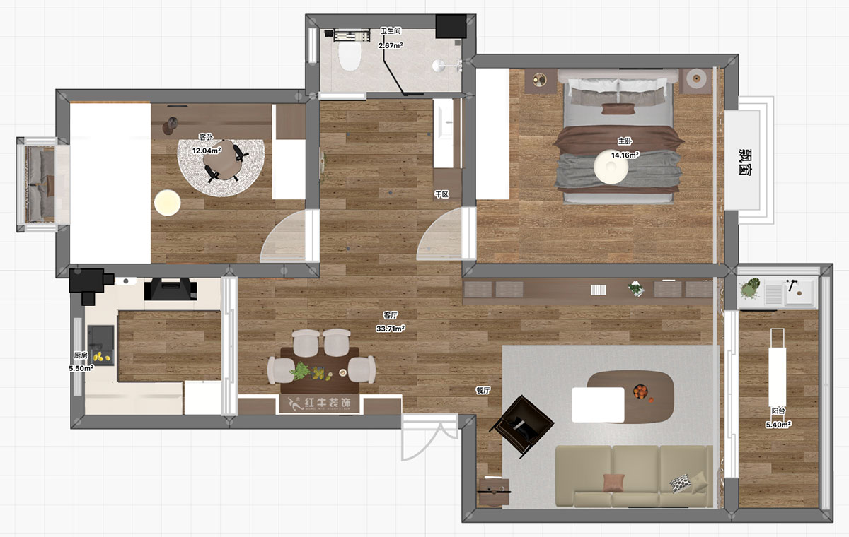 朱明琪｜天潤城六街區(qū)30-103-85㎡-原木風(fēng)格｜2室1廳1衛(wèi)｜老房裝修｜定制家｜全包11萬｜00_03平面彩圖