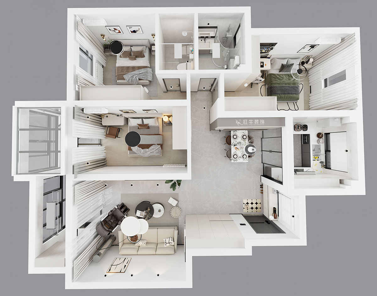 魏明花｜紫金東郡57-504-113㎡-現(xiàn)代簡約風(fēng)格｜3室2廳2衛(wèi)｜二手房改造｜定制家｜全包16萬｜00_04鳥瞰圖