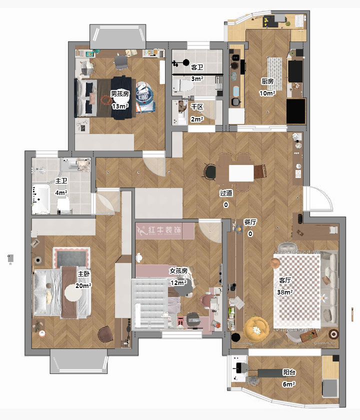仇美蓉｜長江之家4-13-402-130㎡-原木奶油風格｜3室2廳2衛(wèi)｜老房裝修｜定制家｜全包16萬｜00_03平面彩圖