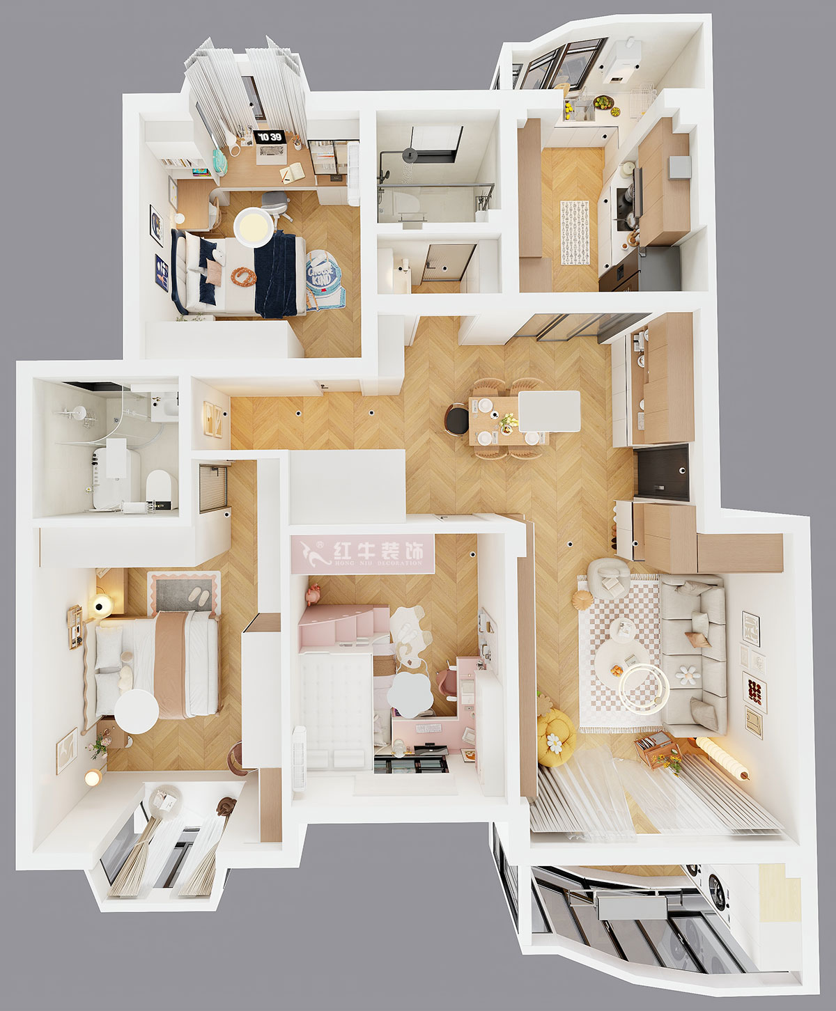 仇美蓉｜長江之家4-13-402-130㎡-原木奶油風格｜3室2廳2衛(wèi)｜老房裝修｜定制家｜全包16萬｜00_04鳥瞰圖