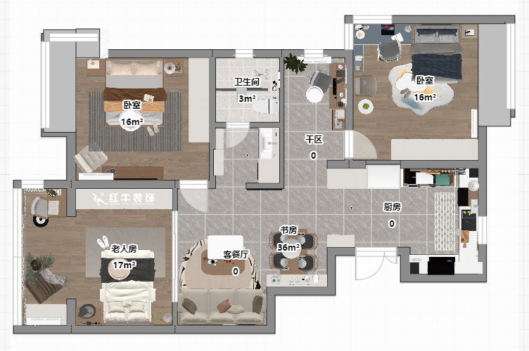 仇美蓉｜紫玉山莊1-204-85㎡-原木奶油風格｜3室2廳1衛(wèi)｜老房裝修｜定制家｜全包10萬｜00_03平面彩圖