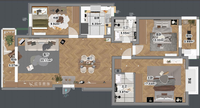 吳波｜仁恒翠竹園28-2-303-117㎡-現(xiàn)代簡約風(fēng)格｜3室2廳2衛(wèi)｜舊房裝修｜定制家｜全包13萬｜00_03平面彩圖
