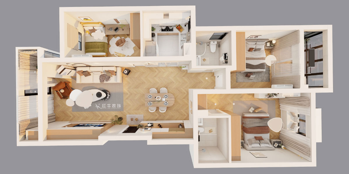 吳波｜仁恒翠竹園28-2-303-117㎡-現(xiàn)代簡約風(fēng)格｜3室2廳2衛(wèi)｜舊房裝修｜定制家｜全包13萬｜00_04鳥瞰圖