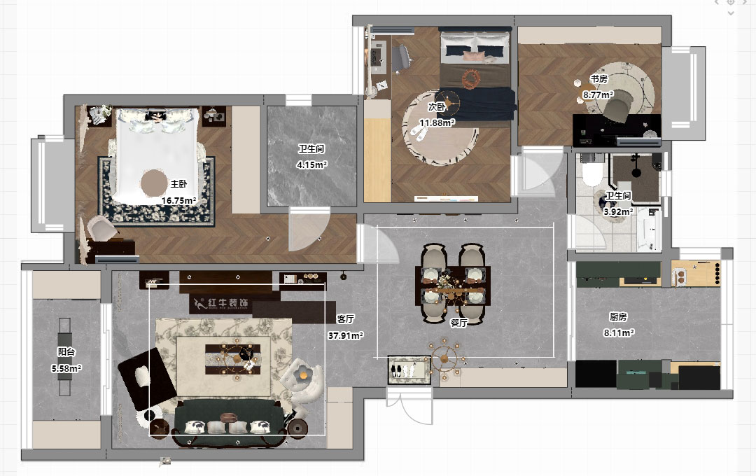 劉小勇｜江南名府3-204-115㎡-簡美風格｜3室2廳1衛(wèi)｜老房裝修｜定制家｜全包13萬｜00_03平面彩圖