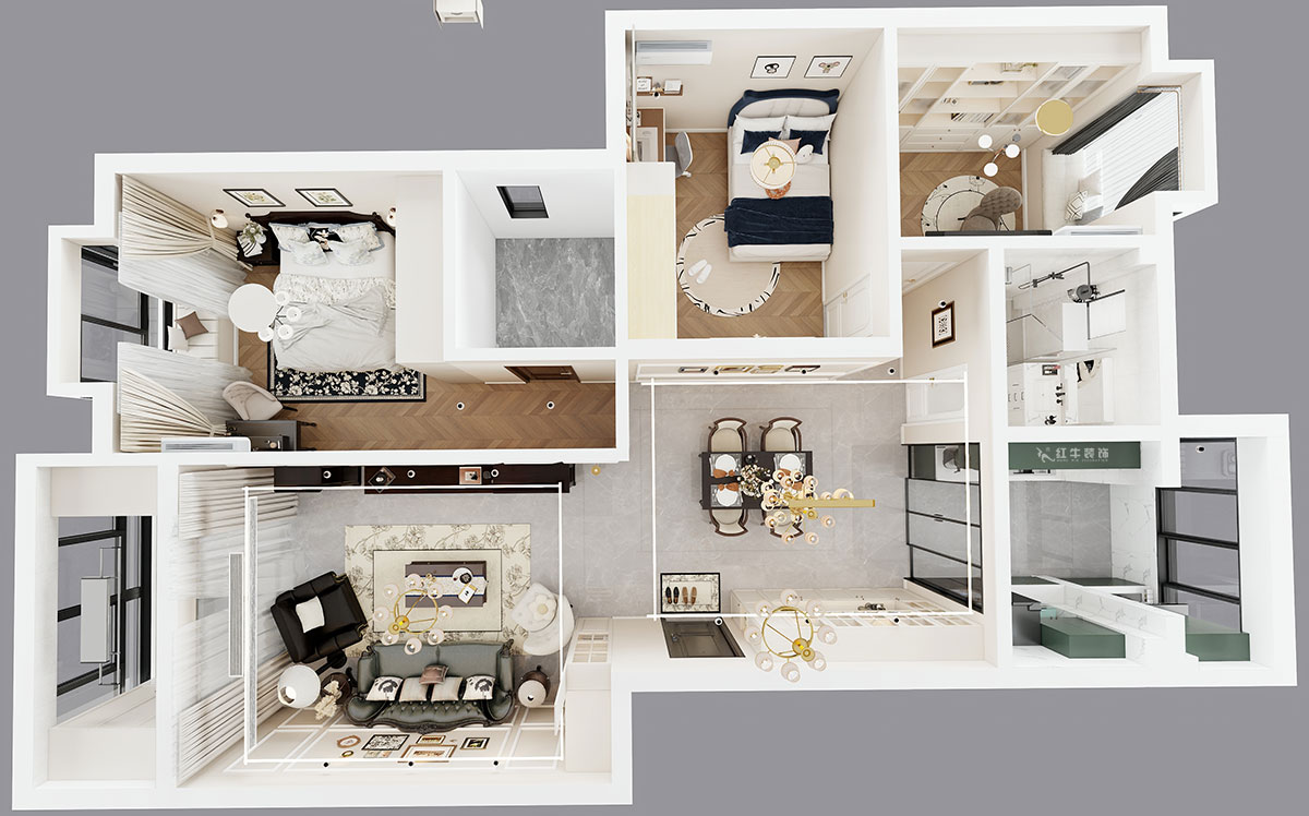 劉小勇｜江南名府3-204-115㎡-簡美風格｜3室2廳1衛(wèi)｜老房裝修｜定制家｜全包13萬｜00_04鳥瞰圖