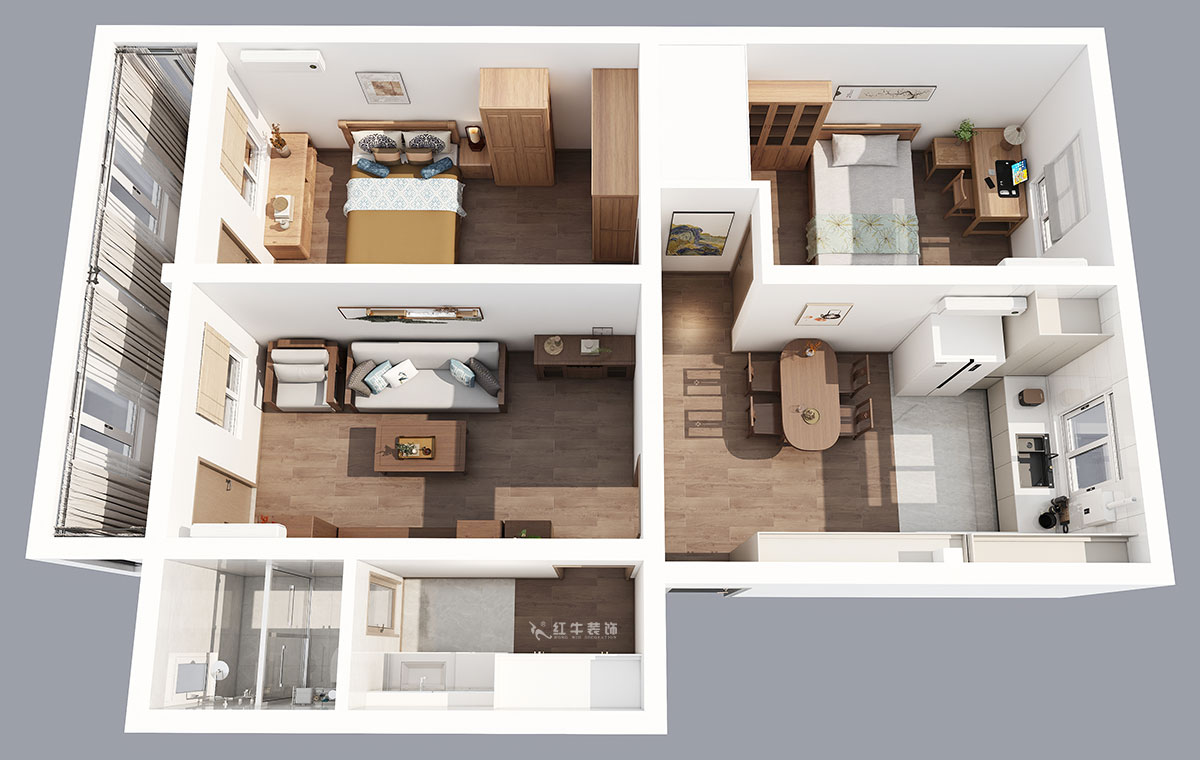 孟憲濤｜五老村24-201-100㎡-現(xiàn)代簡(jiǎn)約風(fēng)格｜3室2廳1衛(wèi)｜老房裝修｜定制家｜全包14萬(wàn)｜00_04鳥瞰圖