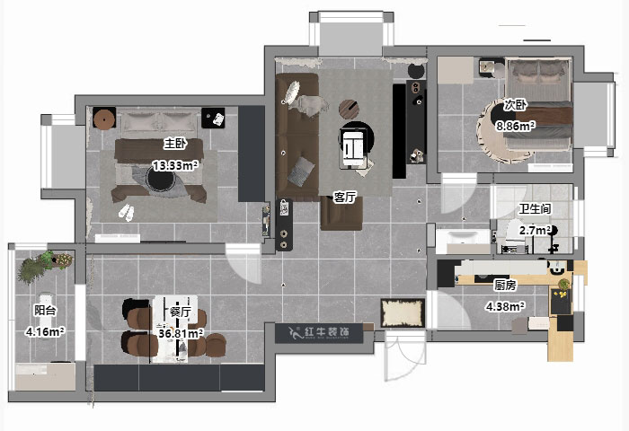 仇美蓉｜新建雅苑9-4-208-80㎡-簡(jiǎn)約風(fēng)格｜3室2廳1衛(wèi)｜老房裝修｜定制家｜全包10萬｜00_03平面彩圖