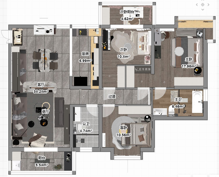 蔣?。邓{星座1-804-130㎡-現(xiàn)代簡約風格｜3室2廳2衛(wèi)｜老房裝修｜定制家｜全包19萬｜00_03平面彩圖