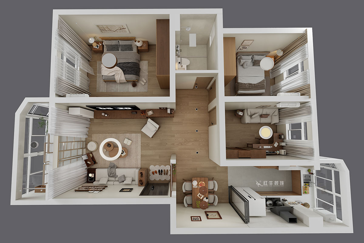 朱明琪｜月牙湖花園3-1-402-89㎡-原木風格｜3室2廳1衛(wèi)｜老房翻新｜定制家｜全包13萬｜00_04鳥瞰圖