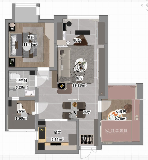 魏明花｜金陵灣6幢2-503-89㎡-現(xiàn)代簡約風(fēng)格｜3室2廳1衛(wèi)｜二手房裝修｜定制家｜全包12萬｜00_03平面彩圖