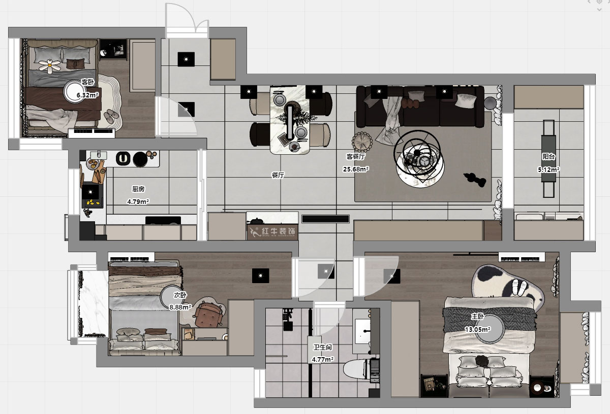 蔣?。＠_蘭香谷10-1-1404-90㎡-現(xiàn)代簡約風格｜3室2廳1衛(wèi)｜老房裝修｜定制家｜全包12萬｜00_03平面彩圖