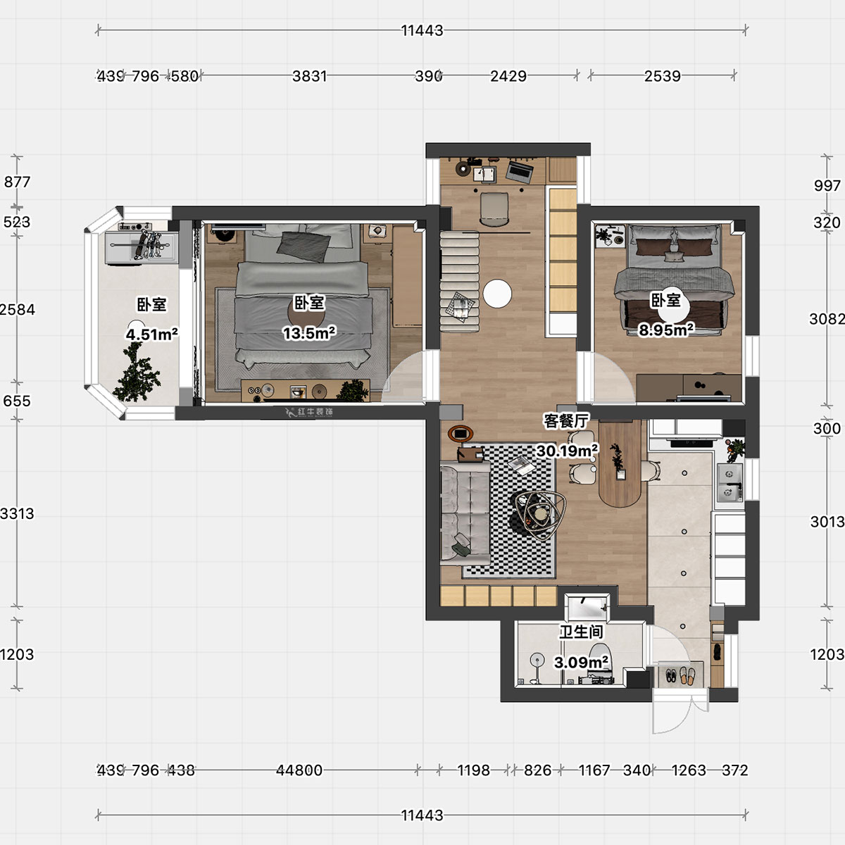顧娟｜鎖金二村21-1105-77㎡-現(xiàn)代風(fēng)格｜2室2廳1衛(wèi)｜舊房裝修｜定制家｜全包11萬｜00_04平面彩圖