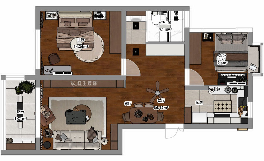 朱明琪｜時(shí)光澔韻3-2-902-90㎡-現(xiàn)代中古風(fēng)｜2室2廳1衛(wèi)｜老房裝修｜定制家｜全包13萬｜00_03平面彩圖