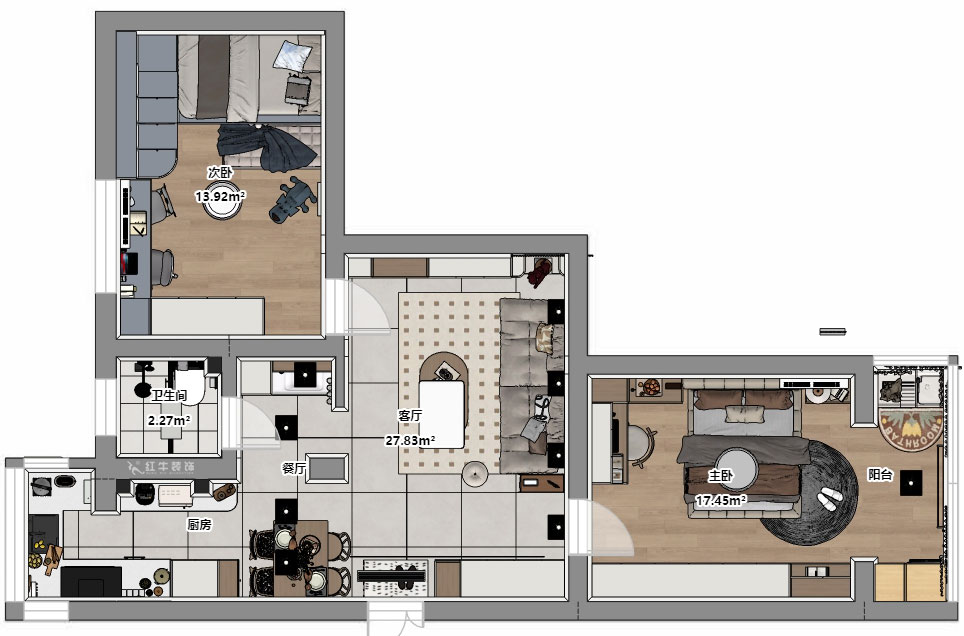 顧娟｜大樹根32-703-70㎡-現(xiàn)代簡約風格｜2室2廳1衛(wèi)｜舊房裝修｜定制家｜全包11萬｜00_04平面彩圖