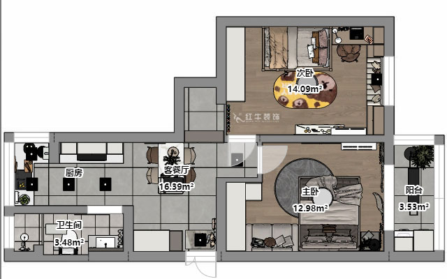 魏明花｜公教一村16-603-68㎡-現(xiàn)代簡約風格｜2室1廳1衛(wèi)｜二手房裝修｜定制家｜全包9萬｜00_03平面彩圖