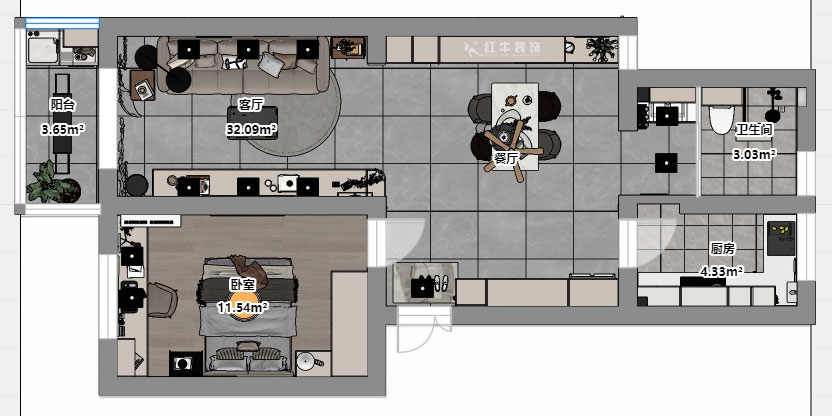 魏明花｜衛(wèi)橋新村17-502-70㎡-現(xiàn)代簡(jiǎn)約風(fēng)格｜1室2廳1衛(wèi)｜二手房裝修｜定制家｜全包9萬(wàn)｜00_03平面彩圖