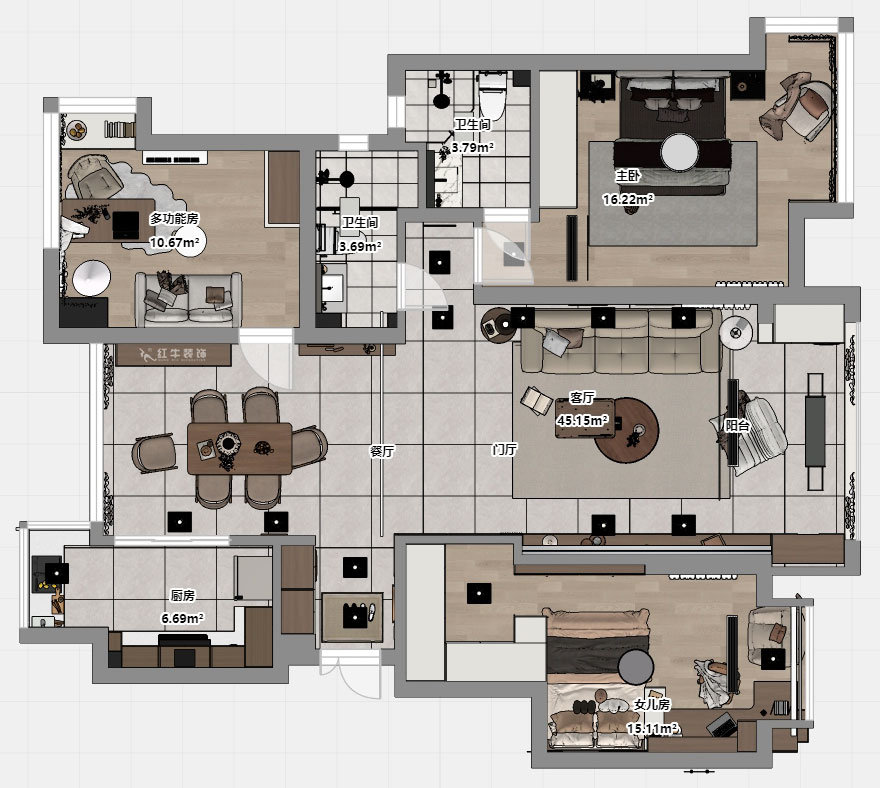朱彥｜名都花園4-901-117㎡-現(xiàn)代簡約風(fēng)格｜3室2廳2衛(wèi)｜老房改造｜定制家｜全包15萬｜00_03平面彩圖