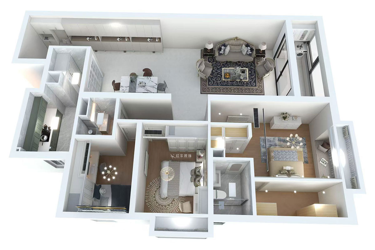 蔣琛｜京隆名府3-1907-160㎡-法式風(fēng)格｜3室2廳2衛(wèi)｜舊房裝修｜定制家｜全包22萬｜00_04鳥瞰圖