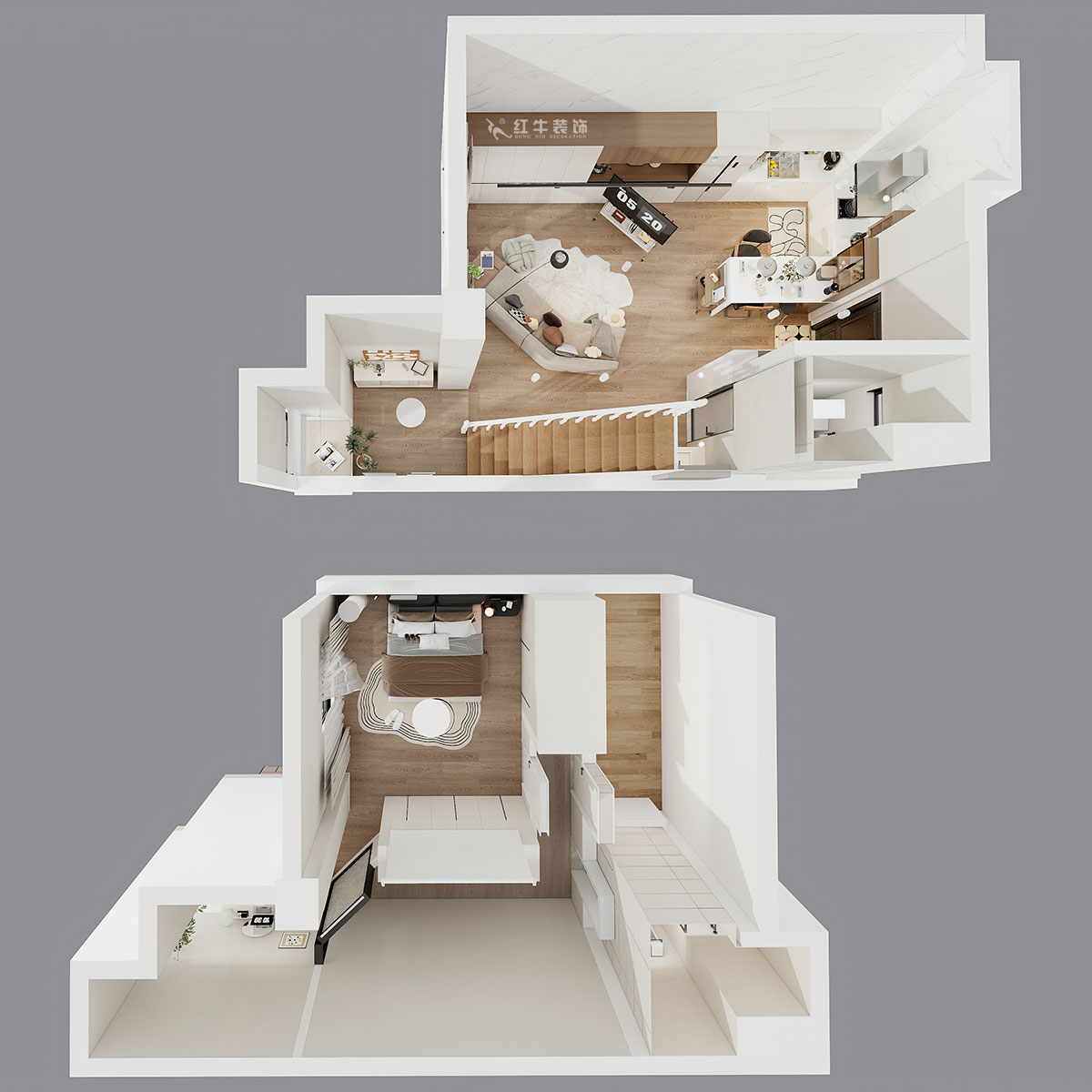 朱明琪｜萊茵鉑郡922室-69㎡-原木風(fēng)格｜復(fù)式｜loft公寓｜2室2廳2衛(wèi)｜老房裝修｜定制家｜全包12萬(wàn)｜00_05鳥(niǎo)瞰圖