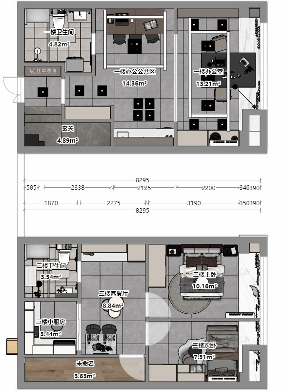 蔣琛｜融信鉑岸中心5號樓1218室-50㎡挑高-現(xiàn)代簡約風(fēng)格｜3室2廳2衛(wèi)｜老房裝修｜定制家｜全包12萬｜00_04平面彩圖