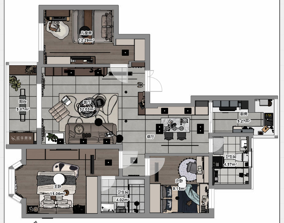 蔣?。汩坷?-2-901-108㎡-現(xiàn)代簡約風格｜3室2廳2衛(wèi)｜老房裝修｜定制家｜全包16萬｜00_03平面彩圖