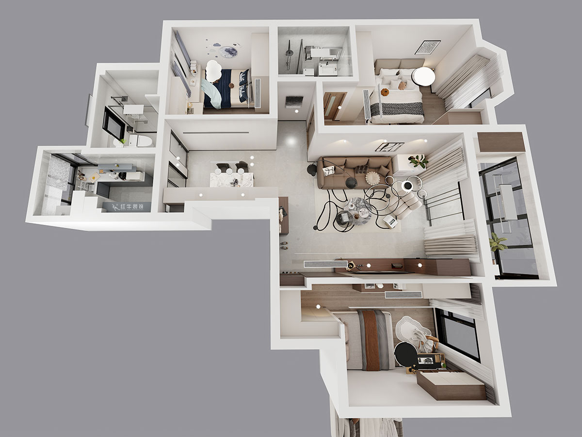 蔣?。汩坷?-2-901-108㎡-現(xiàn)代簡約風格｜3室2廳2衛(wèi)｜老房裝修｜定制家｜全包16萬｜00_04鳥瞰圖