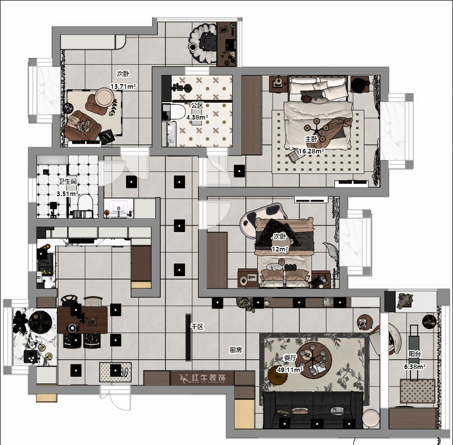 顧娟｜挪威森林13-501-125㎡-中古風｜3室2廳2衛(wèi)｜舊房裝修｜定制家｜全包17萬｜00_04平面彩圖
