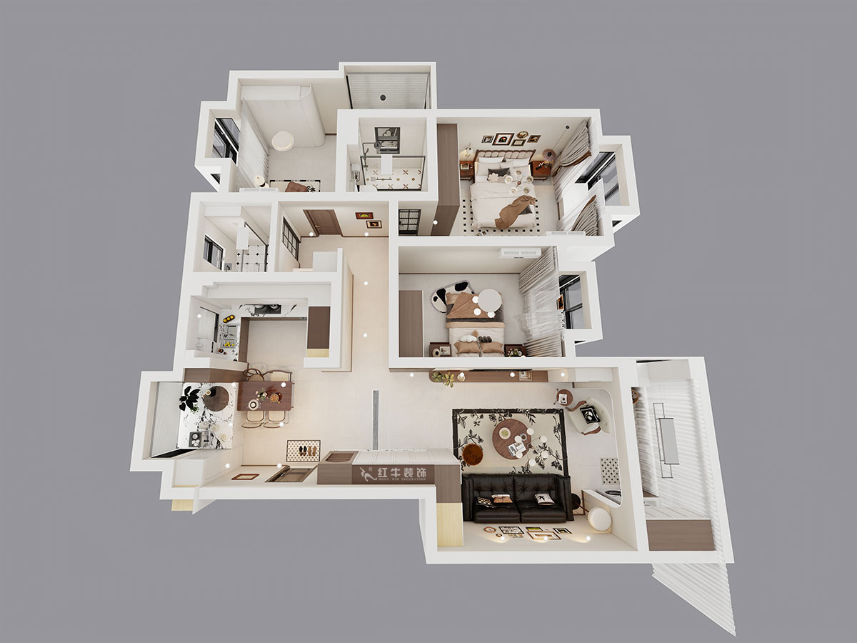 顧娟｜挪威森林13-501-125㎡-中古風｜3室2廳2衛(wèi)｜舊房裝修｜定制家｜全包17萬｜00_05鳥瞰圖