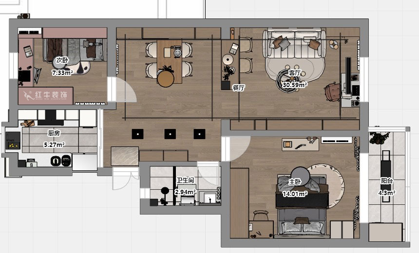 劉小勇｜龍?bào)粗新?66號401室-83㎡-現(xiàn)代簡約風(fēng)格｜2室2廳1衛(wèi)｜老房裝修｜定制家｜全包10萬｜00_03平面彩圖