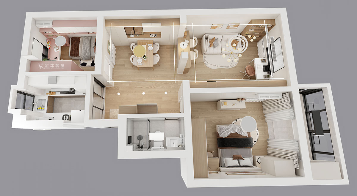 劉小勇｜龍?bào)粗新?66號401室-83㎡-現(xiàn)代簡約風(fēng)格｜2室2廳1衛(wèi)｜老房裝修｜定制家｜全包10萬｜00_04鳥瞰圖