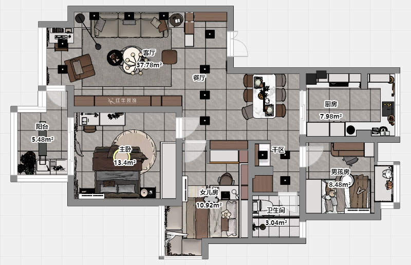 蔣?。f達華府西苑6-401-106㎡-現(xiàn)代簡約風格｜3室2廳1衛(wèi)｜老房裝修｜定制家｜全包13萬｜00_03平面彩圖