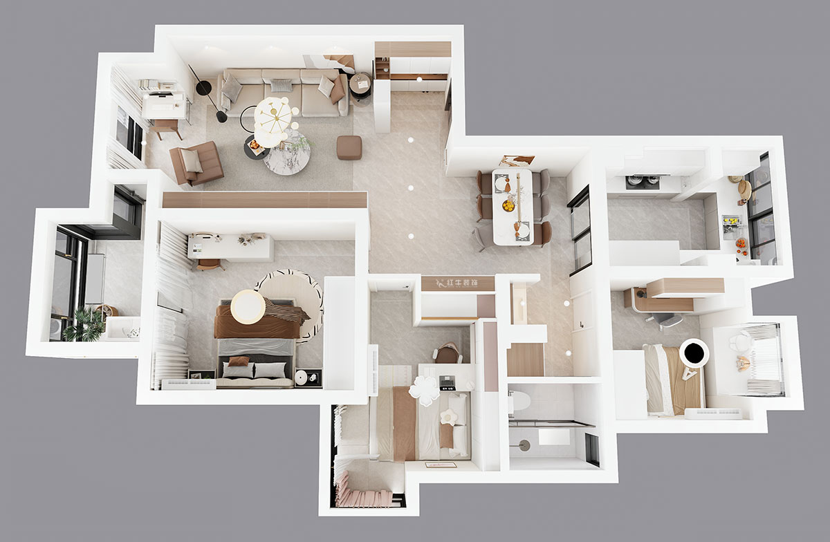 蔣?。f達華府西苑6-401-106㎡-現(xiàn)代簡約風格｜3室2廳1衛(wèi)｜老房裝修｜定制家｜全包13萬｜00_04鳥瞰圖