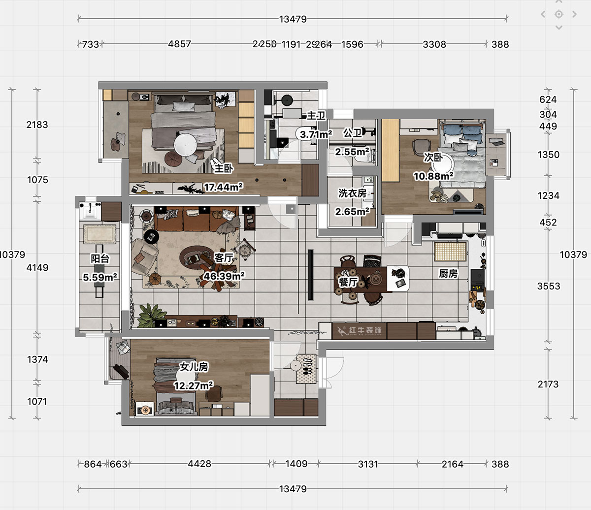 顧娟｜紫金明珠4幢202室-120㎡-現(xiàn)代簡約風格｜3室2廳2衛(wèi)｜舊房裝修｜定制家｜全包17萬｜00_04平面彩圖