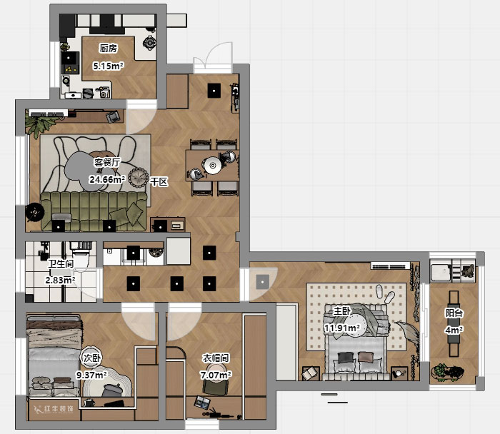 蔣?。y龍雅苑11-3-212-85㎡-現(xiàn)代原木風(fēng)｜3室1廳1衛(wèi)｜新房裝修｜定制家｜全包11萬｜00_03平面彩圖