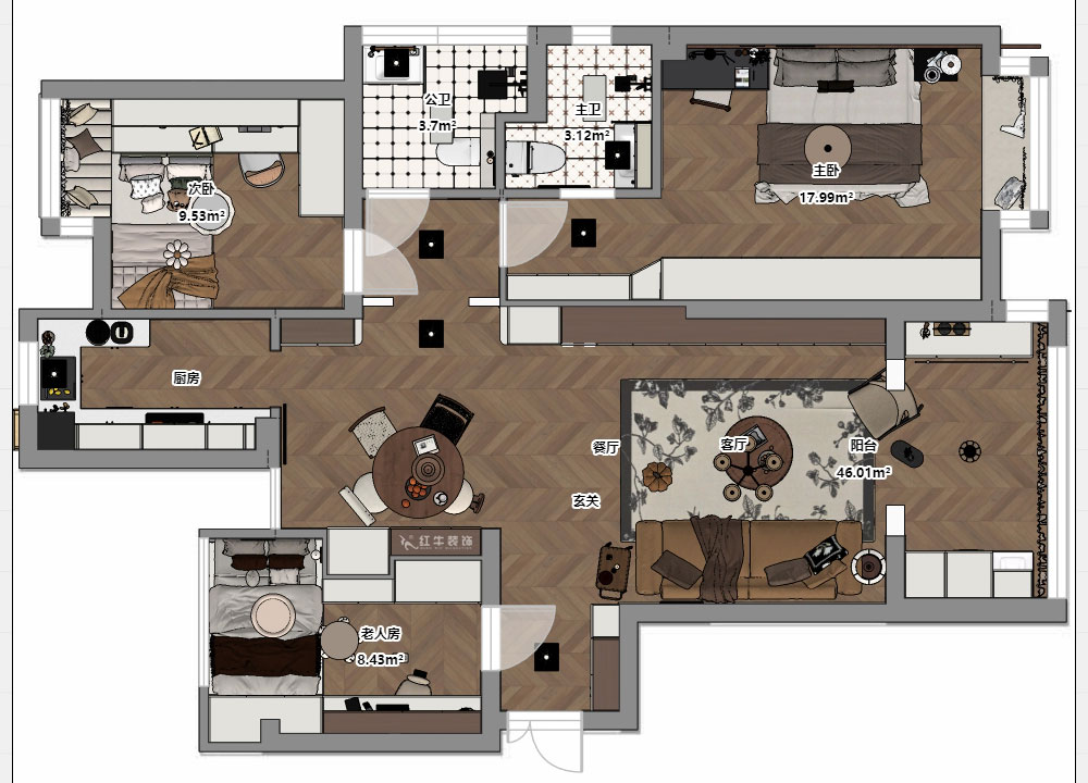 朱明琪｜金地自在城8街區(qū)5-1-501-111㎡-中古風(fēng)｜3室1廳2衛(wèi)｜老房裝修｜定制家｜全包15萬｜00_03平面彩圖
