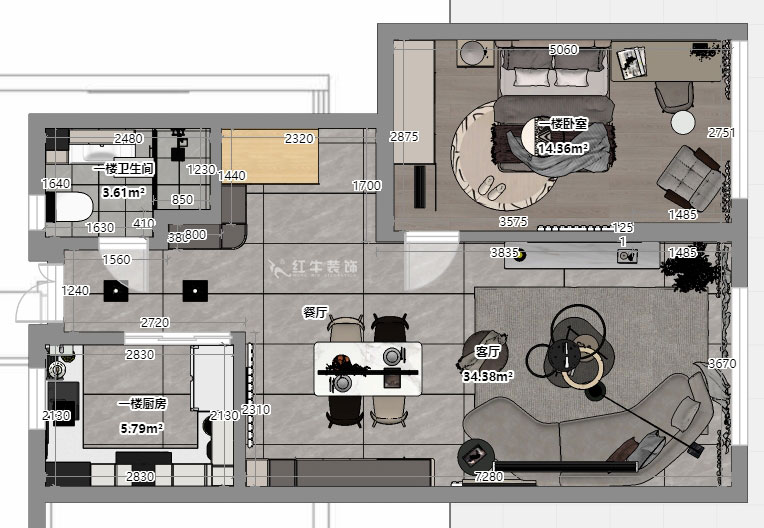 吳波｜華府國際43-1-707-148㎡-輕法風(fēng)格｜復(fù)式｜4室2廳3衛(wèi)｜舊房裝修｜定制家｜全包18萬｜00_05一樓平面彩圖