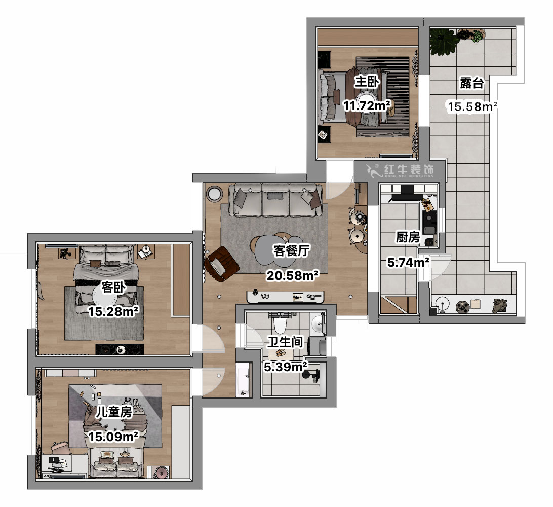 吳波｜清江花苑-清風(fēng)園7-4-601-94㎡-現(xiàn)代簡約風(fēng)格｜3室1廳1衛(wèi)｜舊房裝修｜定制家｜全包12萬｜00_03平面彩圖
