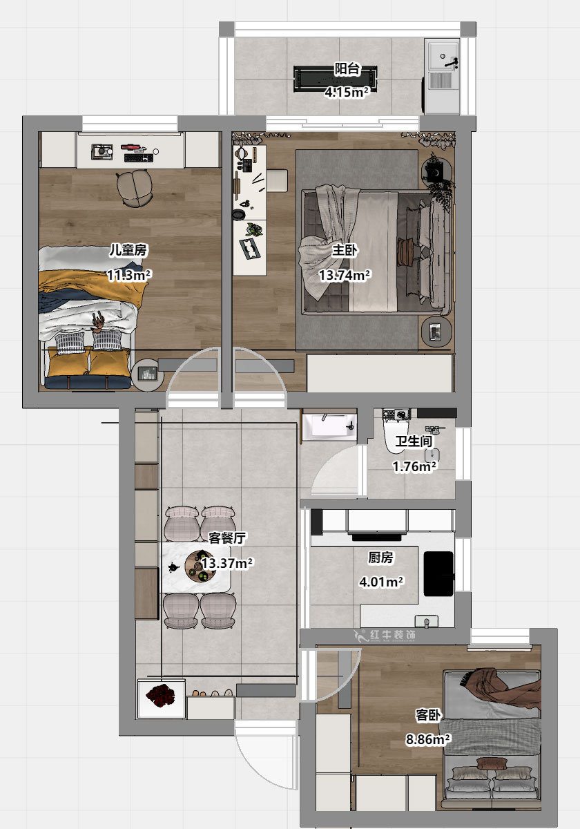 魏明花｜武學(xué)園8-2505-82㎡-現(xiàn)代簡(jiǎn)約風(fēng)格｜3室1廳1衛(wèi)｜二手房裝修｜定制家｜全包14萬(wàn)｜00_03平面彩圖