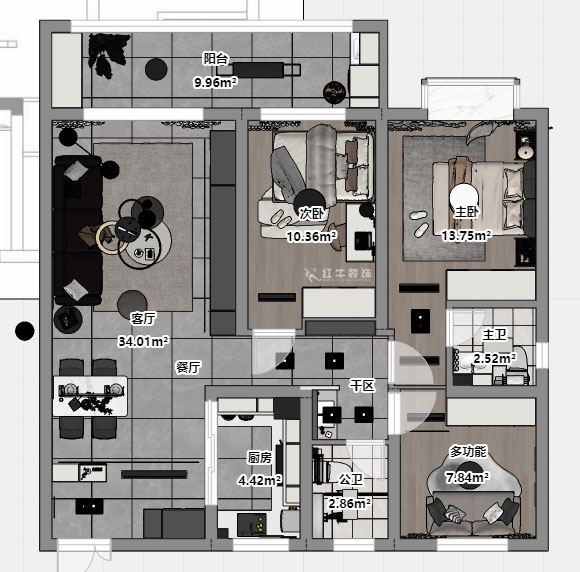 孟憲濤｜金浦御龍灣-I區(qū)3-1-204-120㎡-簡約風(fēng)格｜3室2廳2衛(wèi)｜新房裝修｜定制家｜全包16萬｜00_03平面彩圖