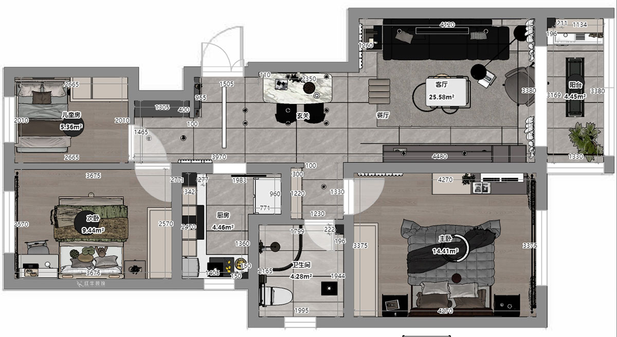 蔣?。自蒲啪?1-202-88㎡-現(xiàn)代簡約風(fēng)格｜3室2廳1衛(wèi)｜新房裝修｜定制家｜全包11萬｜00_03平面彩圖