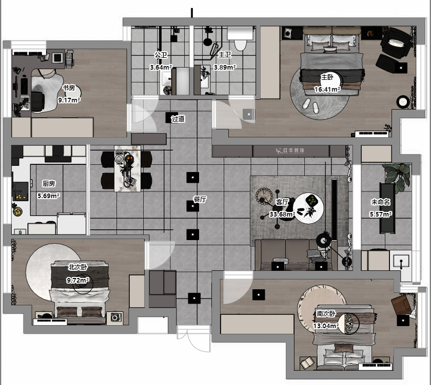 孟憲濤｜融創(chuàng)臻園15-1005-120㎡-簡(jiǎn)約風(fēng)格｜4室2廳2衛(wèi)｜新房裝修｜定制家｜全包16萬(wàn)｜00_03平面彩圖
